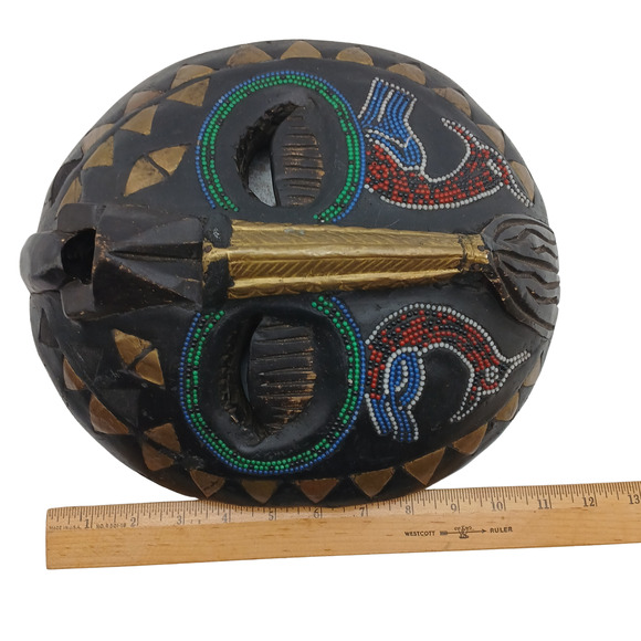 VTG 12” African Ghana Hand Made Carved Baluba Moon Wood Beaded Mask Tribal - Picture 12 of 12